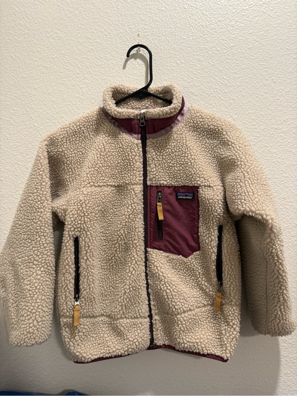 Patagonia Kids Cream Sherpa Jacket with Burgundy Chest Pocket